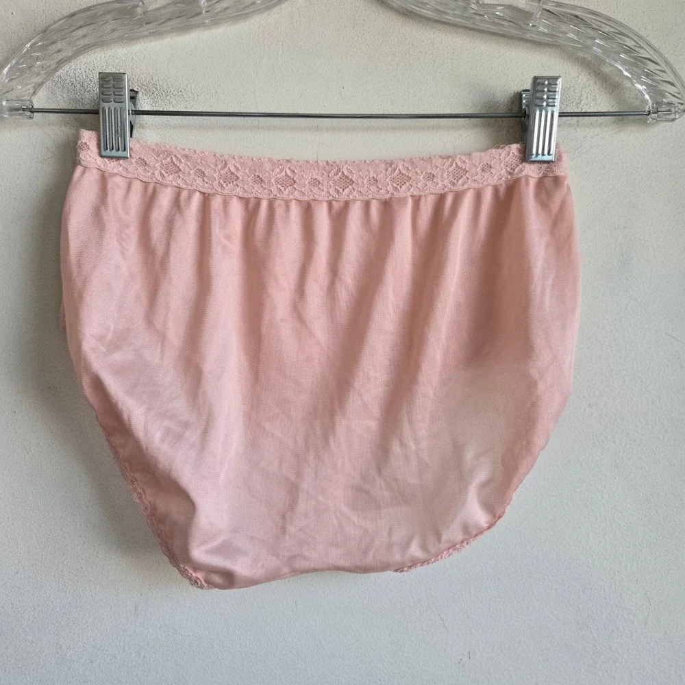 Vtg‎ Size 6 Briefs Womens Pink Mushroom Lace Trim High Rise Nylon Panties